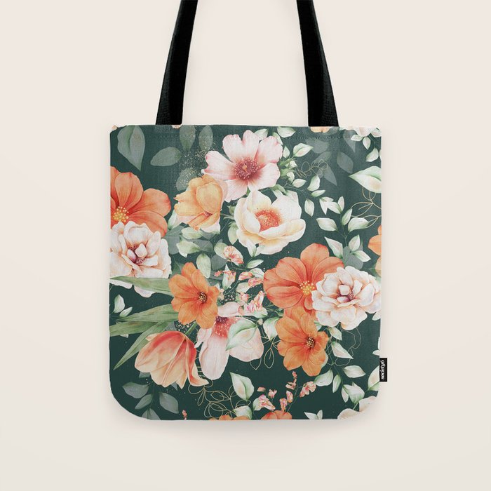 Peach Florals with Painted Speckles on Dark Green Tote Bag Gallery Image 1
