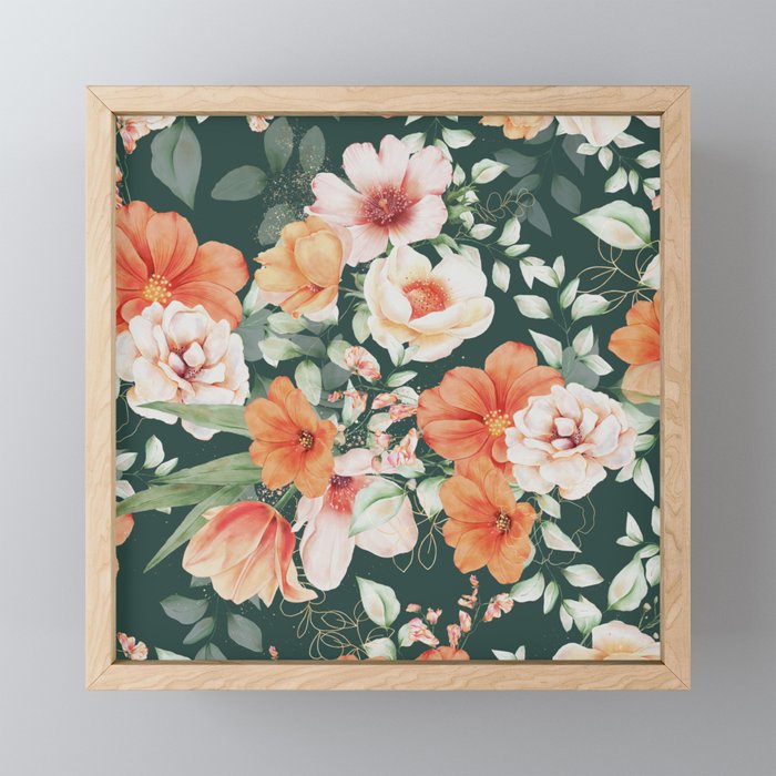 Peach Florals with Painted Speckles on Dark Green Mini Art Print Gallery Image 1