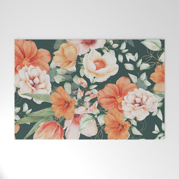 Peach Florals with Painted Speckles on Dark Green Welcome Mat Gallery Image 1