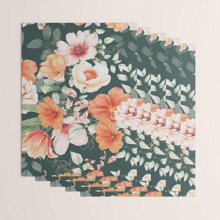 Peach Florals with Painted Speckles on Dark Green Wrapping Paper Gallery Image 3