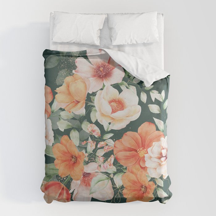 Peach Florals with Painted Speckles on Dark Green Duvet Cover Gallery Image 6