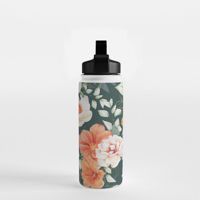 Peach Florals with Painted Speckles on Dark Green Water Bottle Gallery Image 2
