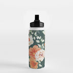 Peach Florals with Painted Speckles on Dark Green Water Bottle Gallery Image 2