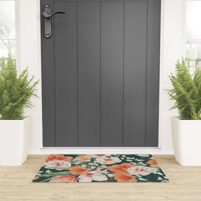 Peach Florals with Painted Speckles on Dark Green Welcome Mat Gallery Image 3