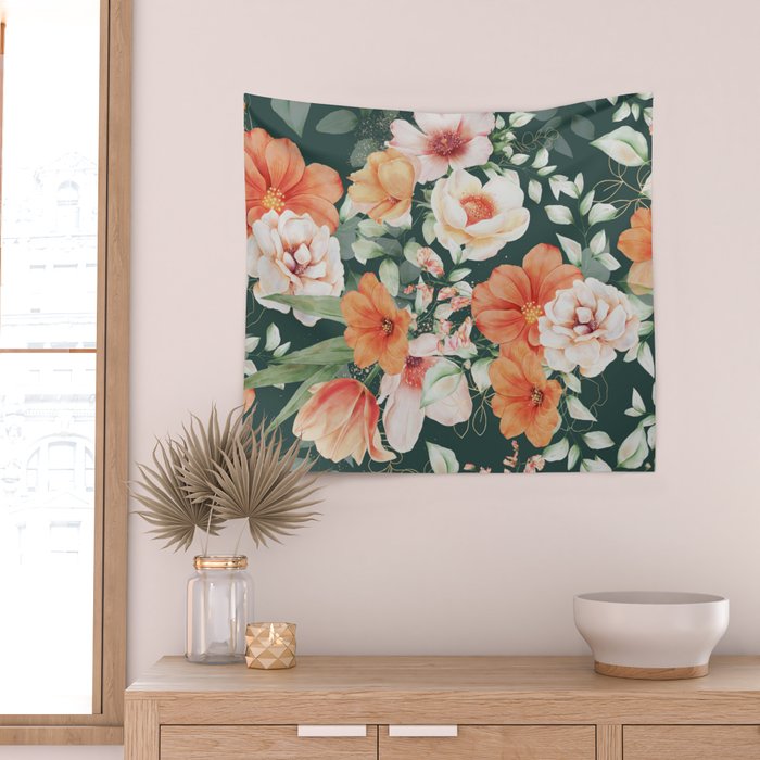 Peach Florals with Painted Speckles on Dark Green Wall Tapestry Gallery Image 2