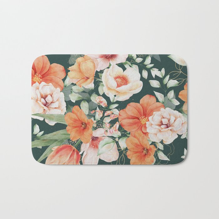 Peach Florals with Painted Speckles on Dark Green Bath Mat Gallery Image 1