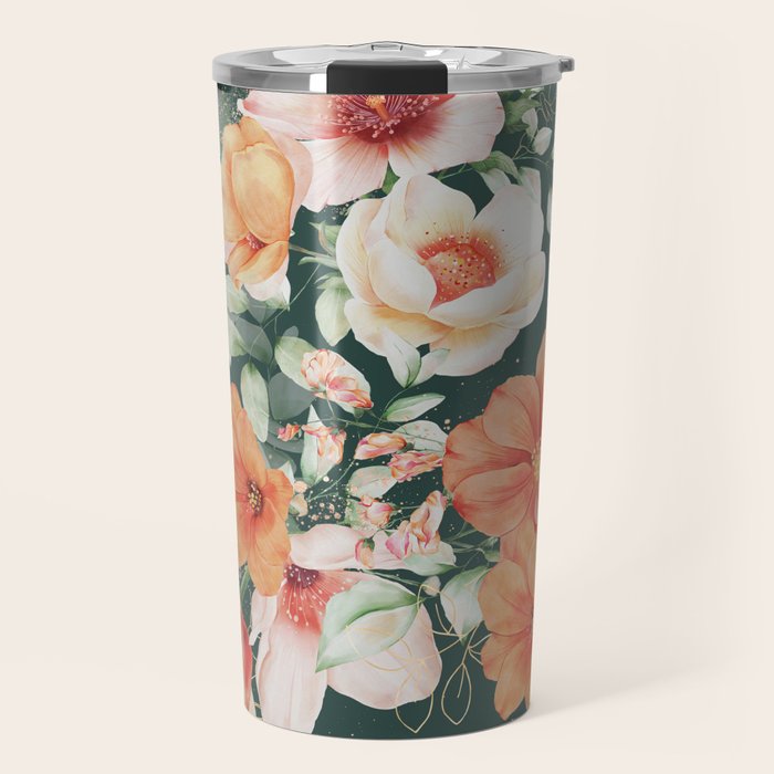 Peach Florals with Painted Speckles on Dark Green Travel Mug Gallery Image 1