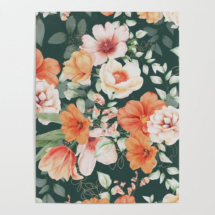 Peach Florals with Painted Speckles on Dark Green Poster Gallery Image 4