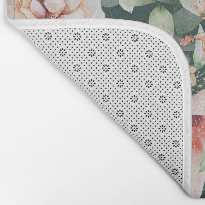 Peach Florals with Painted Speckles on Dark Green Bath Mat Gallery Image 2