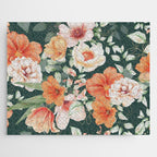 Peach Florals with Painted Speckles on Dark Green Jigsaw Puzzle Gallery Image 1