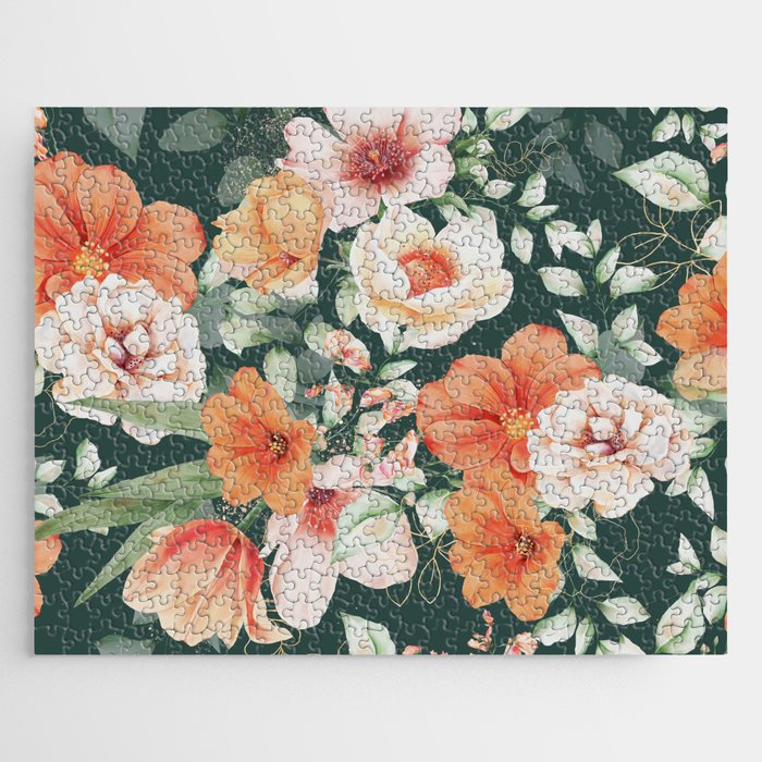 Peach Florals with Painted Speckles on Dark Green Jigsaw Puzzle Gallery Image 1