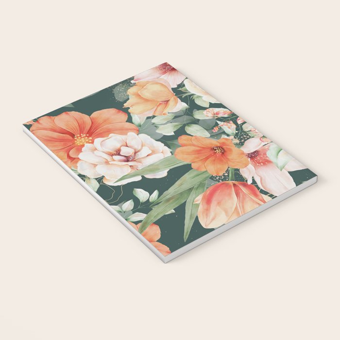 Peach Florals with Painted Speckles on Dark Green Notebook Gallery Image 3