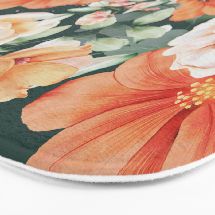 Peach Florals with Painted Speckles on Dark Green Bath Mat Gallery Image 3