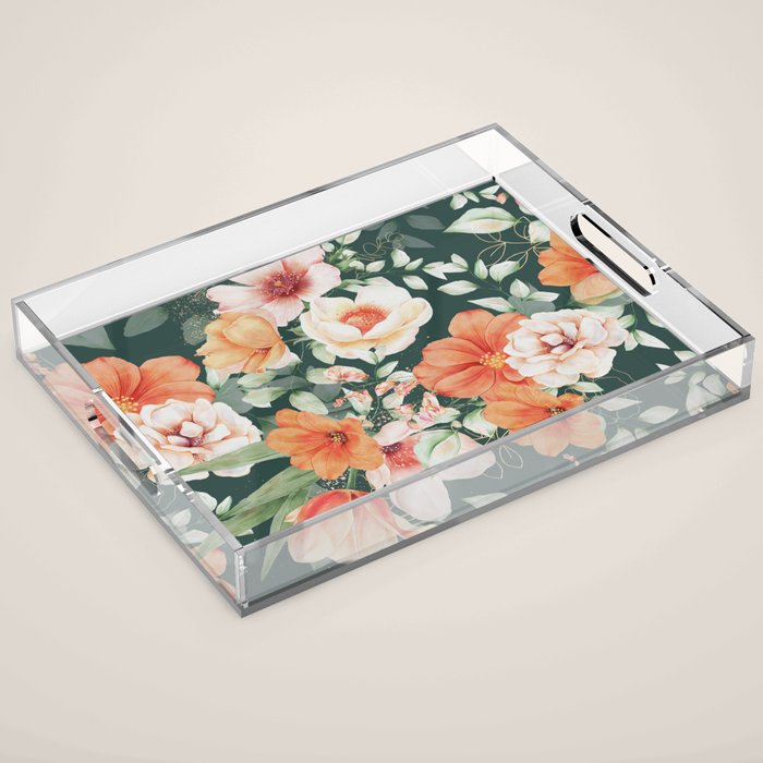 Peach Florals with Painted Speckles on Dark Green Acrylic Tray Gallery Image 1