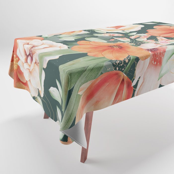 Peach Florals with Painted Speckles on Dark Green Tablecloth Gallery Image 1