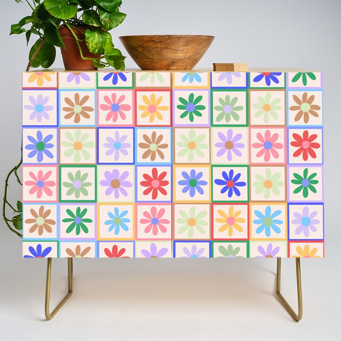 Cute Checkered Flowers in Beige  Credenza Gallery Image 1
