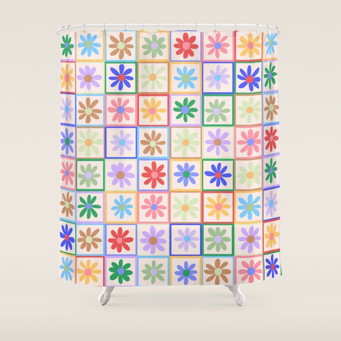Cute Checkered Flowers in Beige  Shower Curtain Gallery Image 1