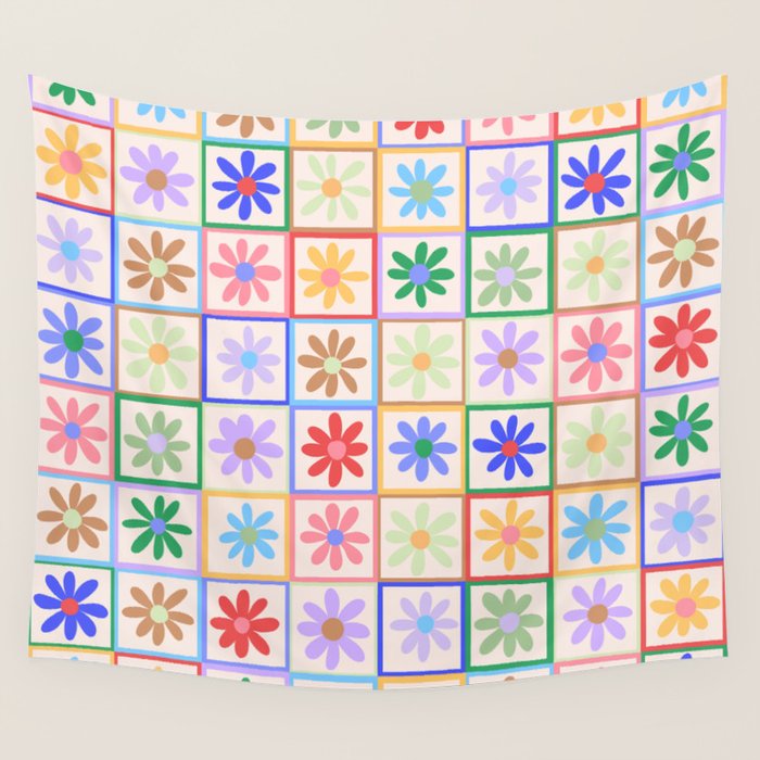 Cute Checkered Flowers in Beige  Wall Tapestry Gallery Image 4