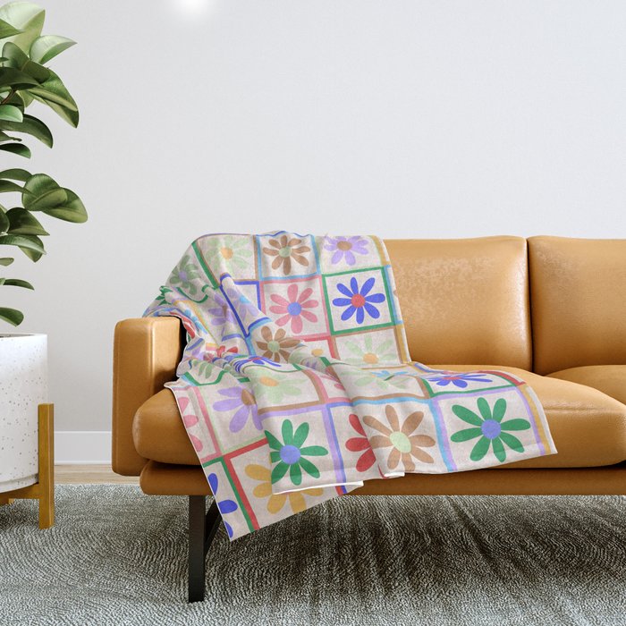 Cute Checkered Flowers in Beige  Throw Blanket Gallery Image 1