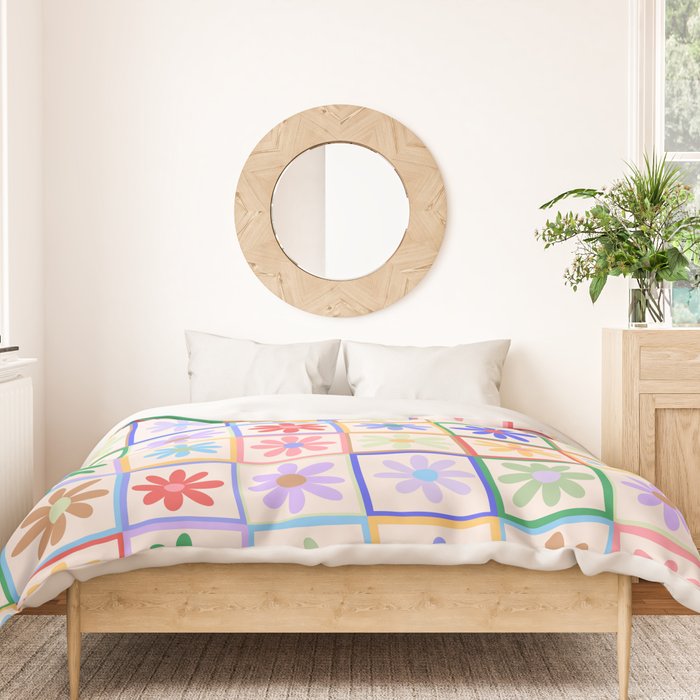 Cute Checkered Flowers in Beige  Duvet Cover Gallery Image 3