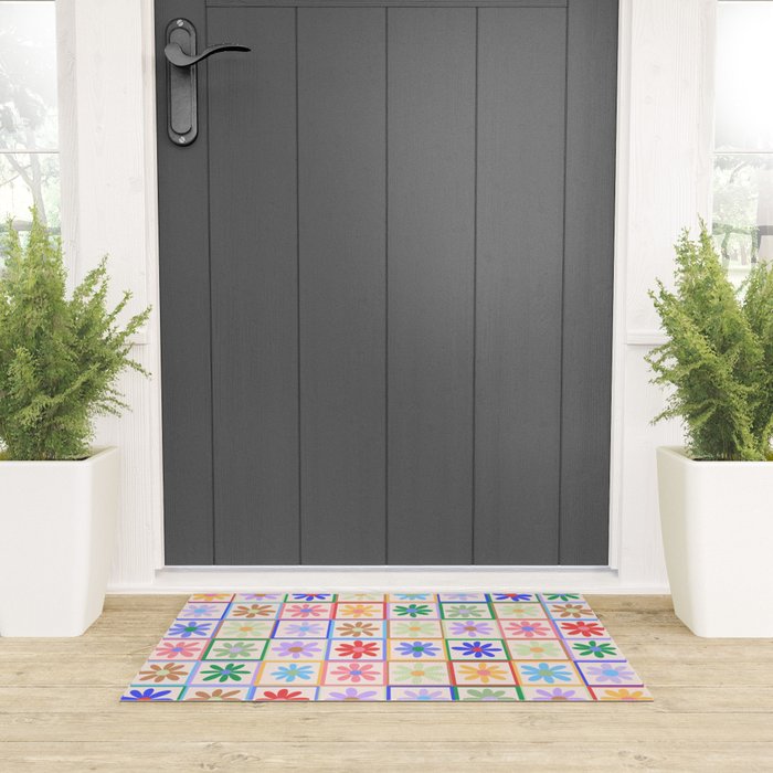 Cute Checkered Flowers in Beige  Welcome Mat Gallery Image 3