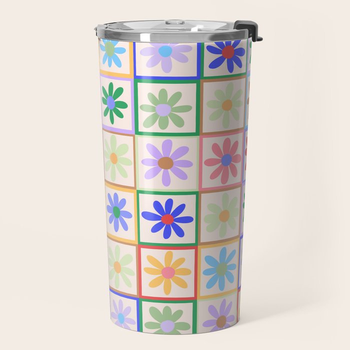 Cute Checkered Flowers in Beige  Travel Mug Gallery Image 2