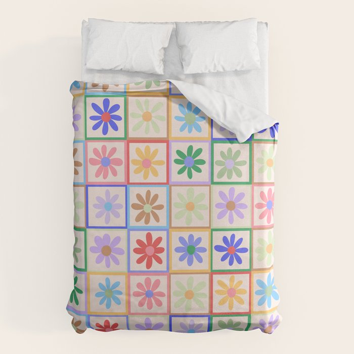 Cute Checkered Flowers in Beige  Duvet Cover Gallery Image 1