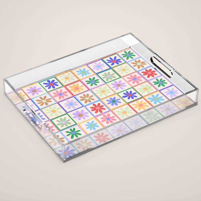 Cute Checkered Flowers in Beige  Acrylic Tray Gallery Image 1