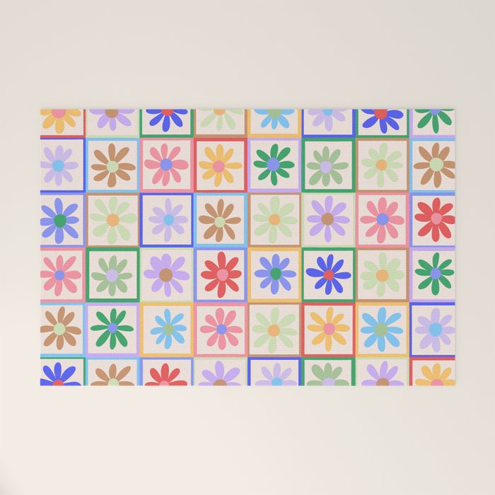 Cute Checkered Flowers in Beige  Welcome Mat Gallery Image 1