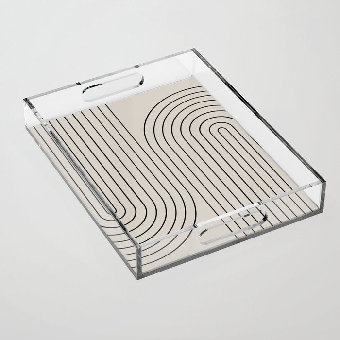 Minimal Line Curvature XCVI Vintage Creme & Black Mid Century Modern Arch Abstract Acrylic Tray Gallery Image 1