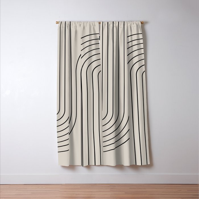 Minimal Line Curvature XCVI Vintage Creme & Black Mid Century Modern Arch Abstract Window Curtain Gallery Image 3