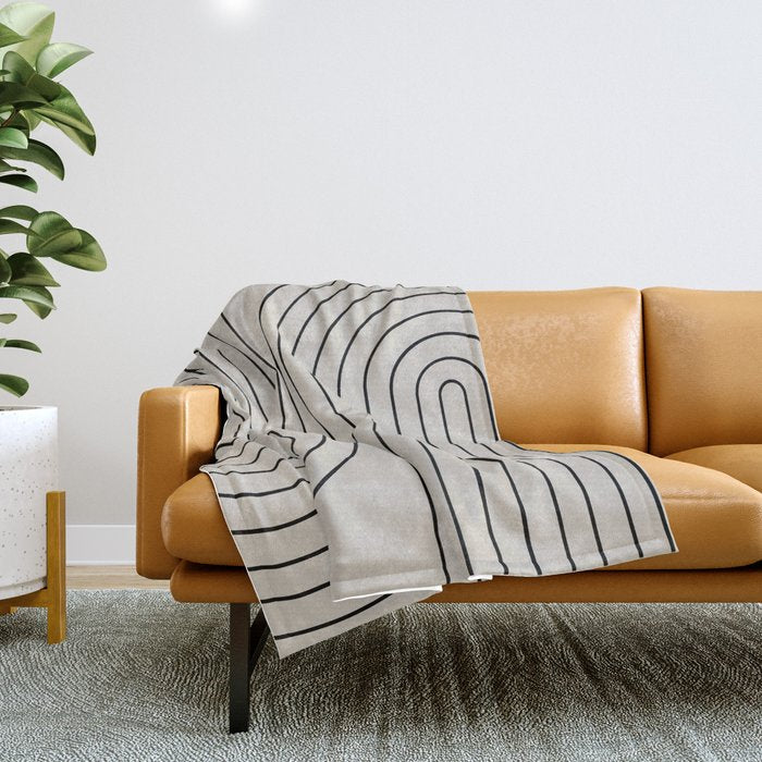 Minimal Line Curvature XCVI Vintage Creme & Black Mid Century Modern Arch Abstract Throw Blanket Gallery Image 1