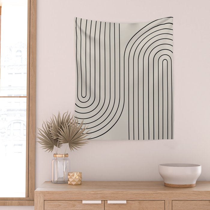 Minimal Line Curvature XCVI Vintage Creme & Black Mid Century Modern Arch Abstract Wall Tapestry Gallery Image 2