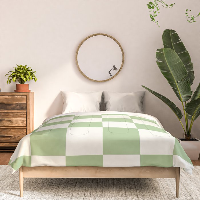 Checkerboard Check Checkered Pattern in Light Sage Green and Cream Comforter Gallery Image 3
