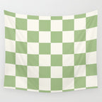 Checkerboard Check Checkered Pattern in Light Sage Green and Cream Wall Tapestry Gallery Image 4