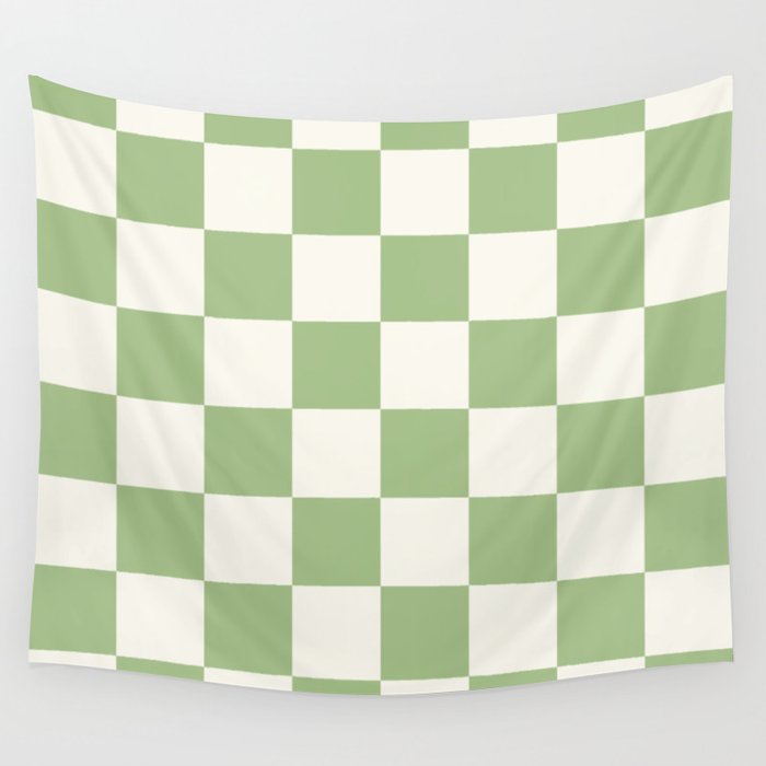 Checkerboard Check Checkered Pattern in Light Sage Green and Cream Wall Tapestry Gallery Image 4