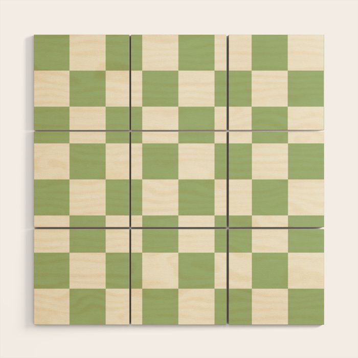 Checkerboard Check Checkered Pattern in Light Sage Green and Cream Wood Wall Art Gallery Image 1