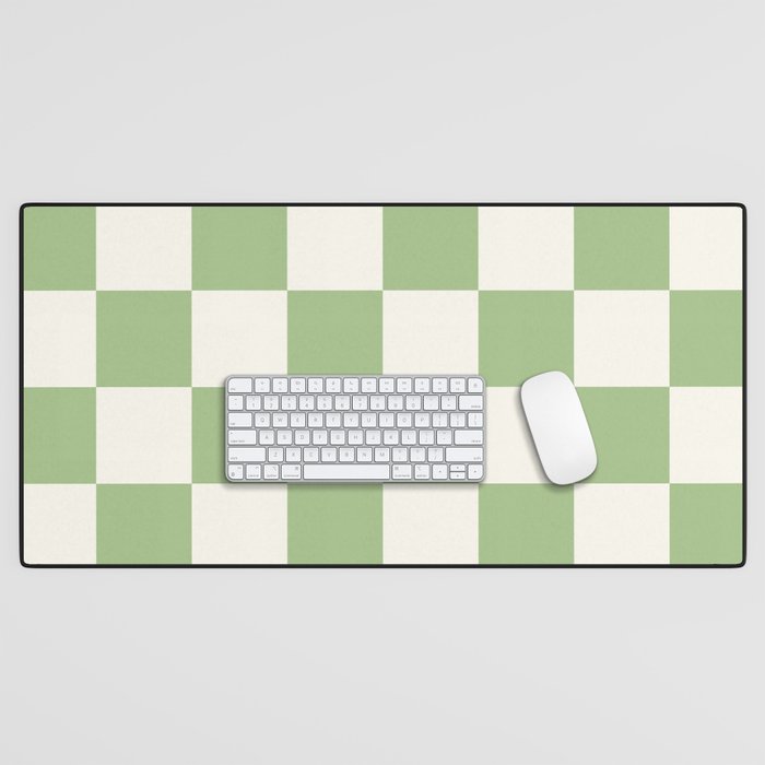 Checkerboard Check Checkered Pattern in Light Sage Green and Cream Desk Mat Gallery Image 1