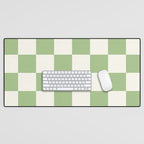 Checkerboard Check Checkered Pattern in Light Sage Green and Cream Desk Mat Gallery Image 1