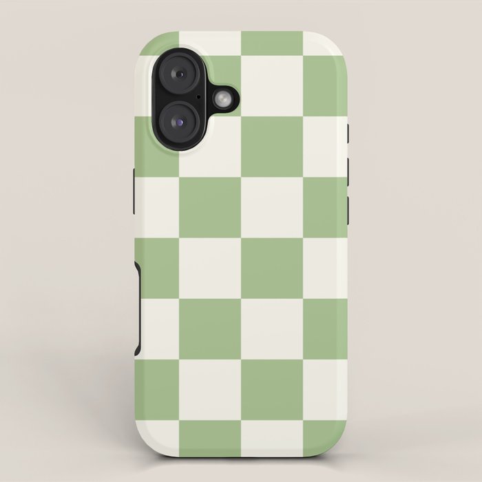 Checkerboard Check Checkered Pattern in Light Sage Green and Cream iPhone Case Gallery Image 1