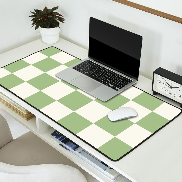 Checkerboard Check Checkered Pattern in Light Sage Green and Cream Desk Mat Gallery Image 2