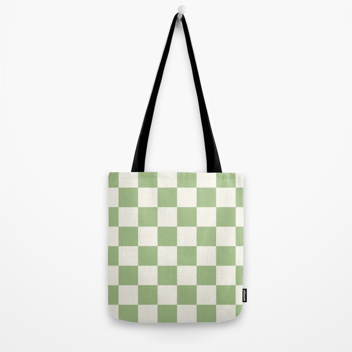 Checkerboard Check Checkered Pattern in Light Sage Green and Cream Tote Bag Gallery Image 2