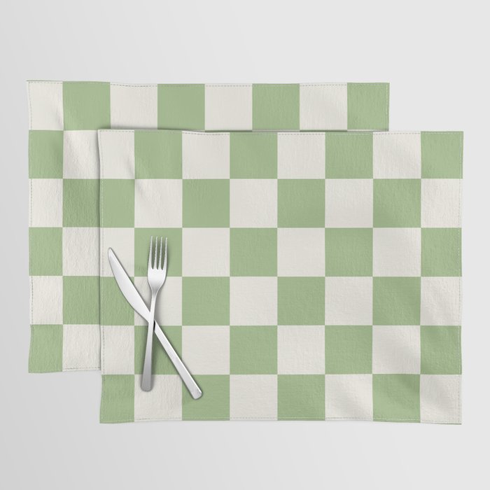 Checkerboard Check Checkered Pattern in Light Sage Green and Cream Placemat Gallery Image 1