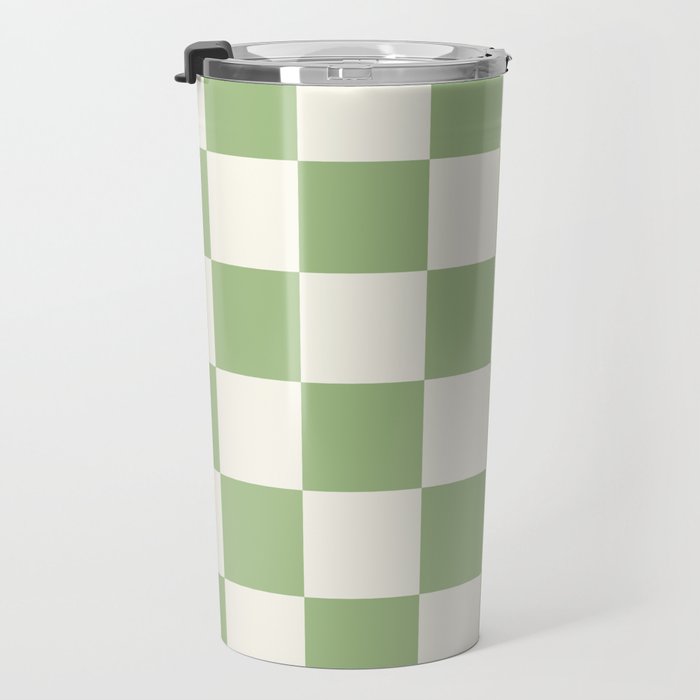 Checkerboard Check Checkered Pattern in Light Sage Green and Cream Travel Mug Gallery Image 3