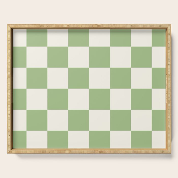 Checkerboard Check Checkered Pattern in Light Sage Green and Cream Serving Tray Gallery Image 1