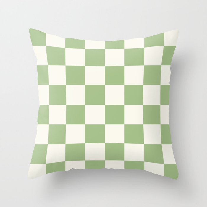 Checkerboard Check Checkered Pattern in Light Sage Green and Cream Throw Pillow Gallery Image 1