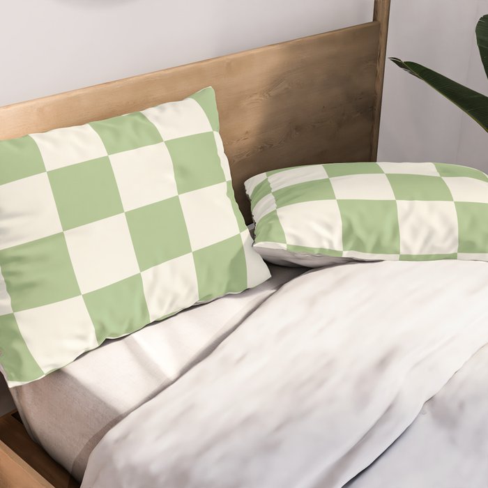 Checkerboard Check Checkered Pattern in Light Sage Green and Cream Pillow Sham Gallery Image 2