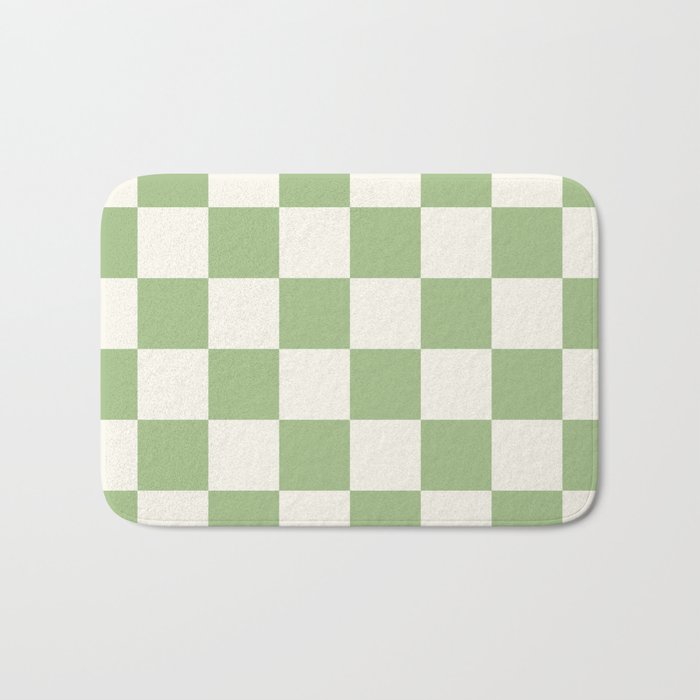 Checkerboard Check Checkered Pattern in Light Sage Green and Cream Bath Mat Gallery Image 1
