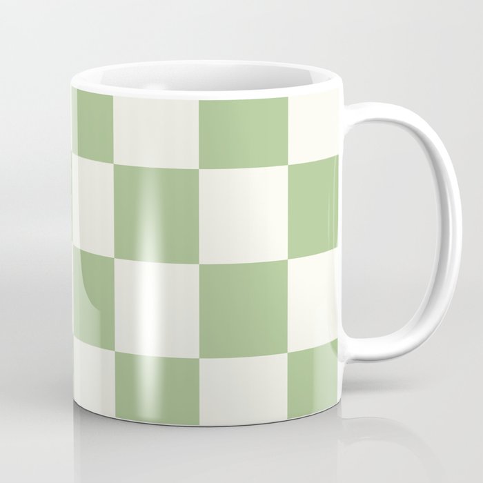 Checkerboard Check Checkered Pattern in Light Sage Green and Cream Coffee Mug Gallery Image 1