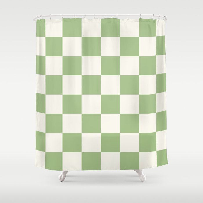 Checkerboard Check Checkered Pattern in Light Sage Green and Cream Shower Curtain Gallery Image 1